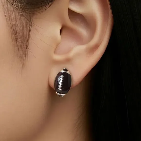 Football Stud Earrings Brown Enamel Silver Sports Studs Team Spirit Fan Jewelry