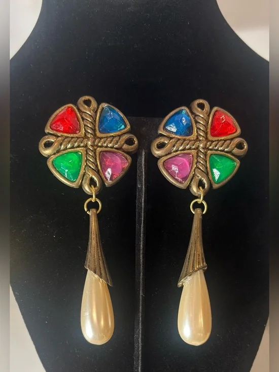 80s Glam Bold Clip-On Earrings‎ Retro Multi-Color Gem & Pearl Dangle