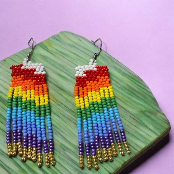 Rainbow Gold Seed‎ Bead Beaded Earrings 2.5” Dangle Earrings Handmade