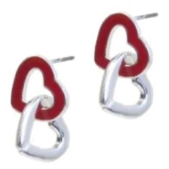 Womens‎ Surgical Stainless Steel Red Silver Double Heart Stud Drop Earrings