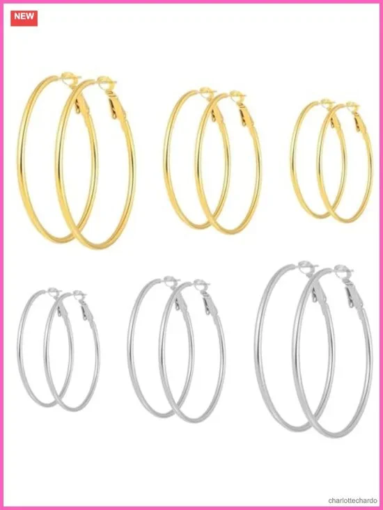 6 Pair Hoop Earring Set Stainless Steel Hypoallergenic 316L Lever Back 30-50mm