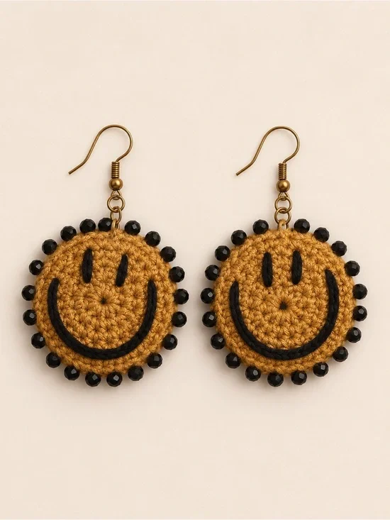 Crochet Smiley Face Beaded Drop Earrings