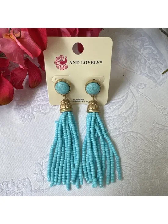 Colombus And Lovely Earrings Turquoise Blue Tassel Seed Bead GoldTone 3.5