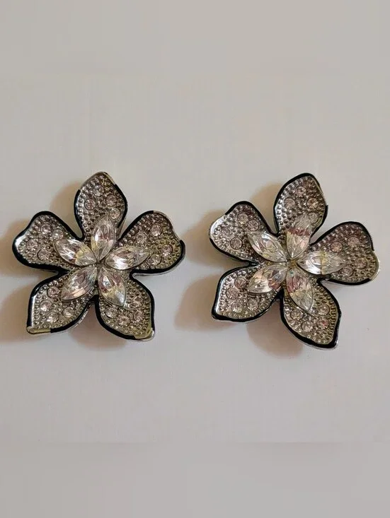 Vintage Silver-Tone Rhinestone Flower Post Earrings