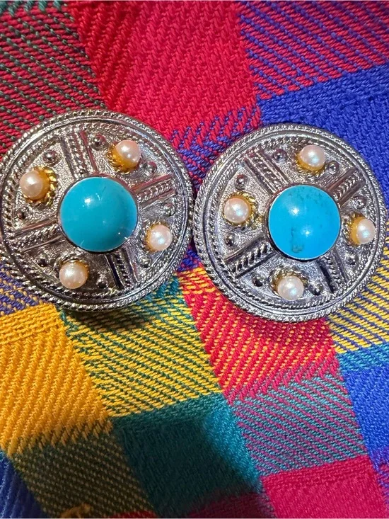 Vintage Turquoise and Pearl Round Statement Clip On Earrings