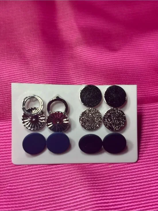 6 New Mixed Stud Earring Set in Silver & Navy