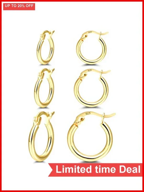 3 Pairs Small Gold Hoop Earrings Set 925 Sterling Silver 14K Gold Plated