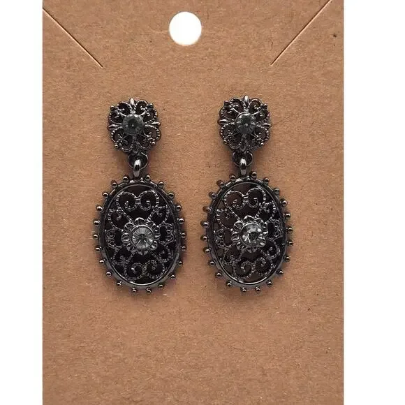 1928 Filigree Oval Drop Earrings Black Crystal – Gothic Victorian Romantic
