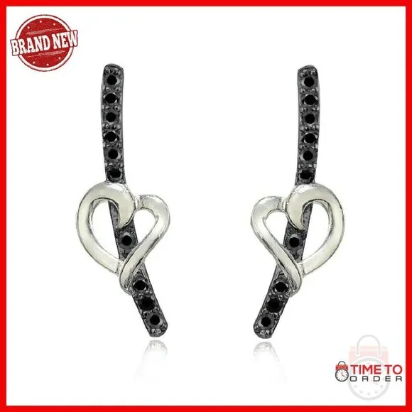 Sterling Silver Black CZ Open Heart Climber Earrings, French Hook
