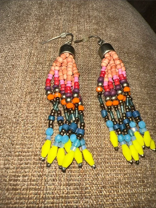 LOFT Multicolor Beaded Tassel Earrings - Yellow, Coral & Blue
