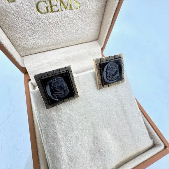 Vintage 12K Gold & Black Glass Intaglio Roman Centurion Clip-on Earrings