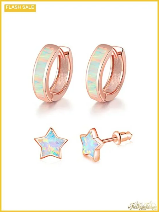 14K White Gold Plated Opal Huggie Hoop Earring Set Hypoallergenic Small Hoops