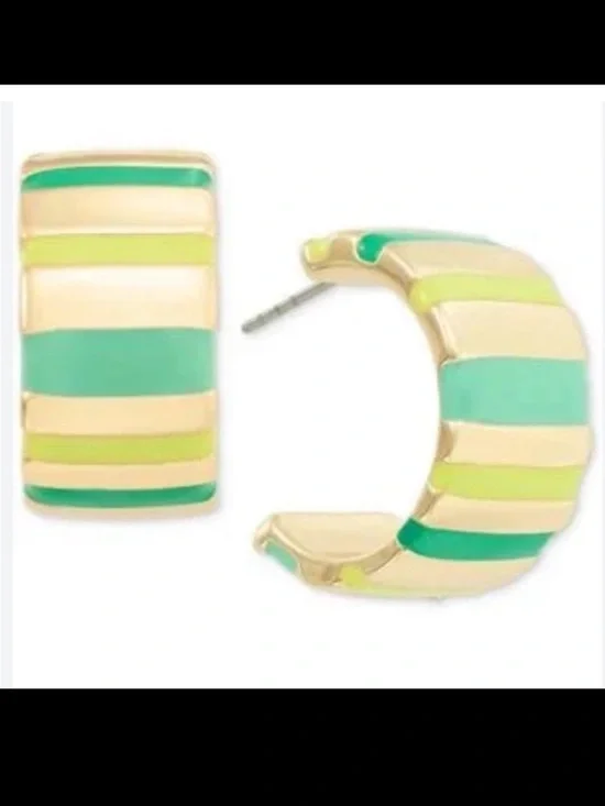 On 34th Gold-Tone Medium Wide Hoop Earrings with varied Green hue stripes. NWT