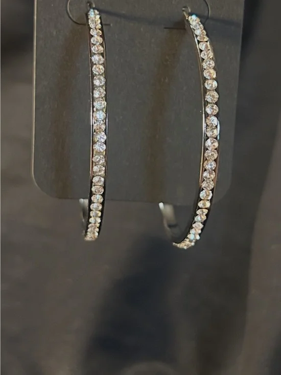 Crystal-Accented Silver Hoop Earrings - Clear Stone Sparkle