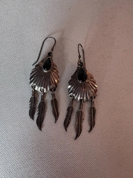 Sterling Silver Black Teardrop Feather Dangle Earrings