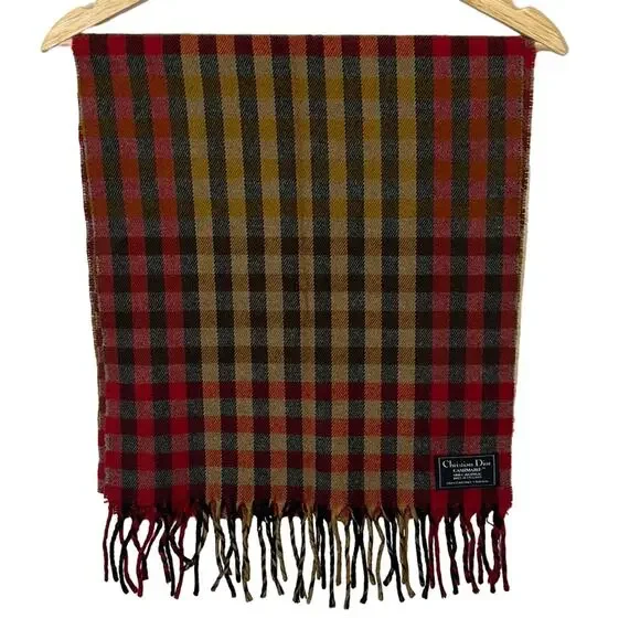 Christian Dior Scarf Plaid Red Beige Gorgeous Tassel Christmas