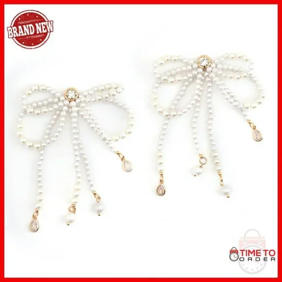 Silver Tone Brass Bow Earrings with Pearls and Crystals - 3.25