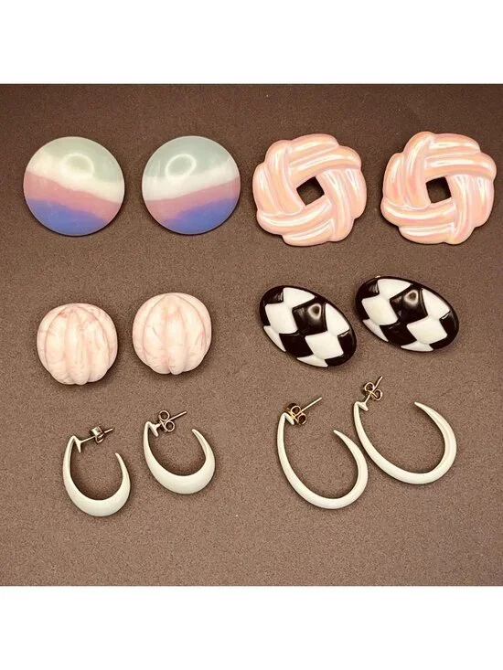 Vintage 1980s Earrings Lot Six Pair Pink/White/Black Resin Metal