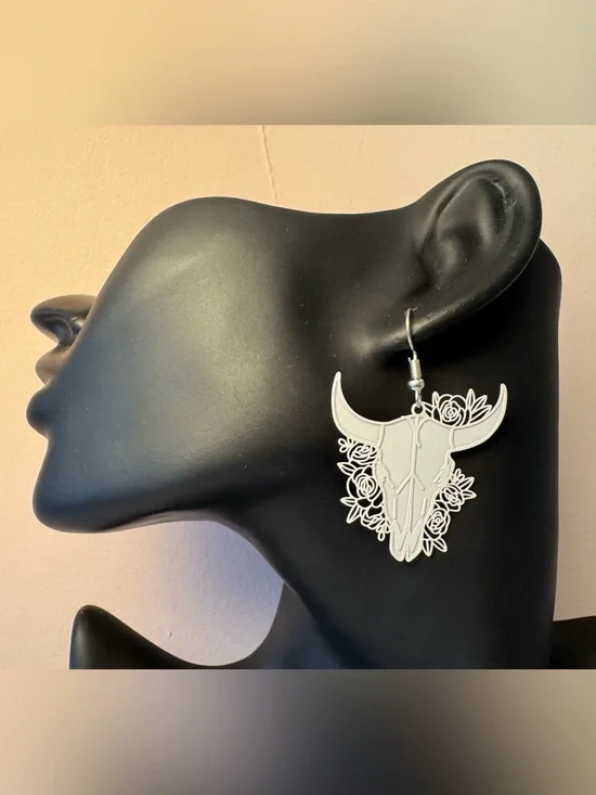White Bull Skull Floral Dangle Earrings