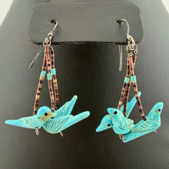 Native American Zuni Fetish Turquoise Bird Dangle Earrings Heishi Shell Boho