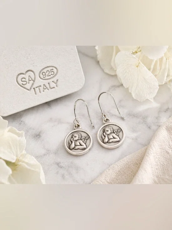 Italian 925 Sterling Silver Raphael Angel Cherub Drop Earrings
