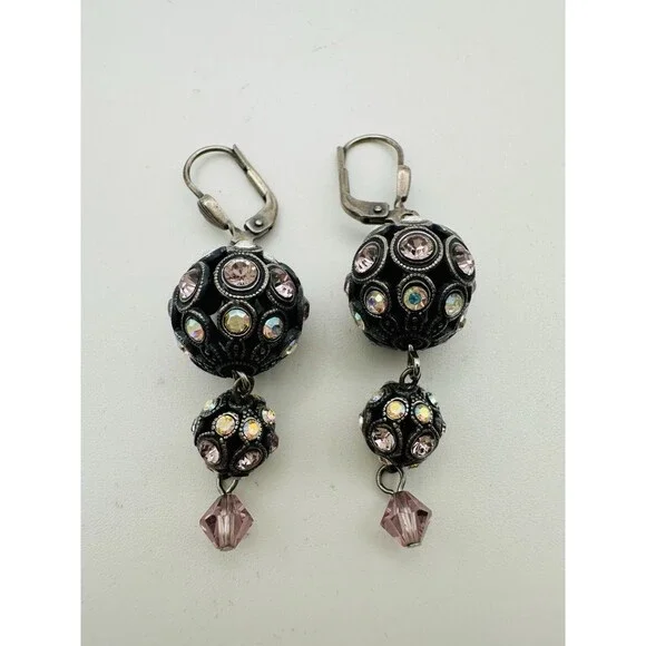 Vintage AB Rhinestone Disco Ball Dangle Earrings Lever Back READ