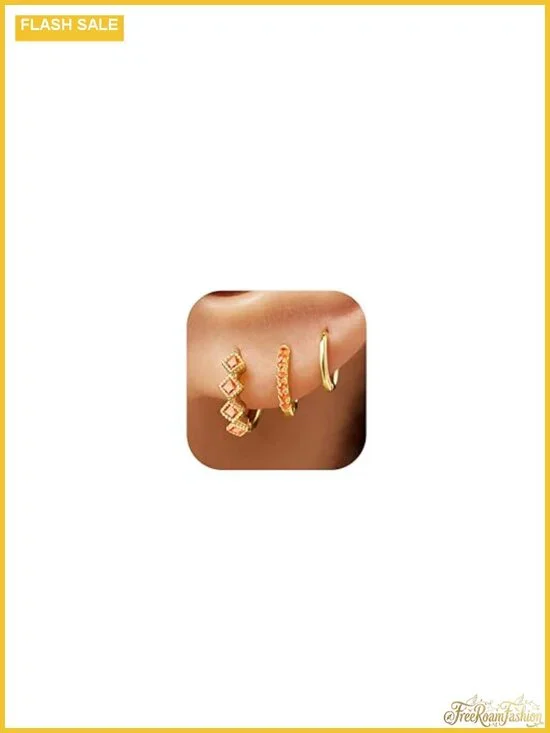 3 Pair Gold Plated Hoop Earrings Set 14K Hypoallergenic Stackable Dainty CZ