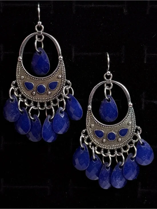 Bohemian chic Blue and Silvertone Chandelier pierced dangle Earrings