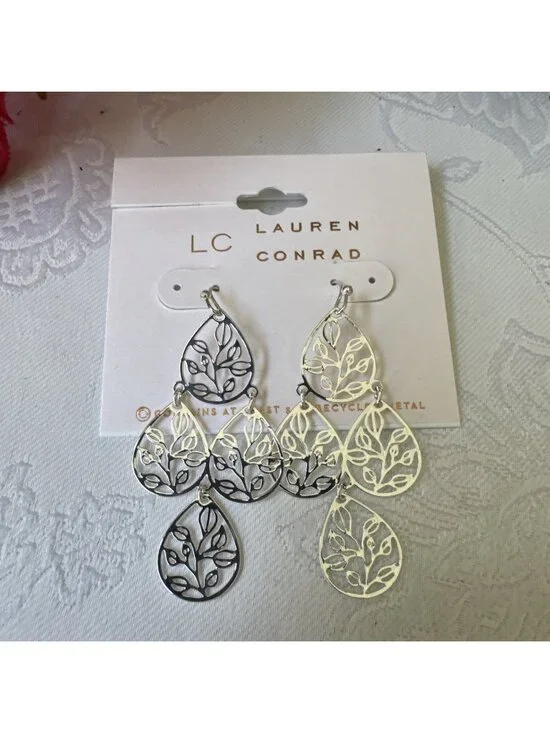 LC Lauren Conrad Earrings Filigree Tree of Life Silver Tone Dangle 2