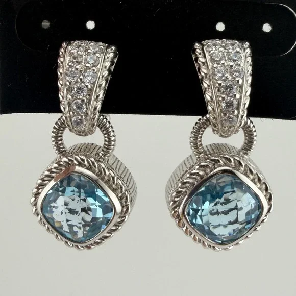 Judith Ripka 925 Sterling Silver Blue Topaz CZ Drop Earrings Fleur-de-Lis