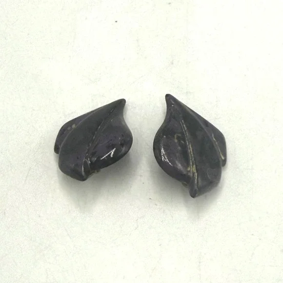 Vintage Purple Enamel Leaf Clip On Earrings Mid Century Modern Stylized Jewelry