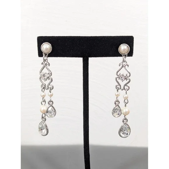 Monet Silver‎ Tone Rhinestone Faux Pearl Chandelier Drop Earrings