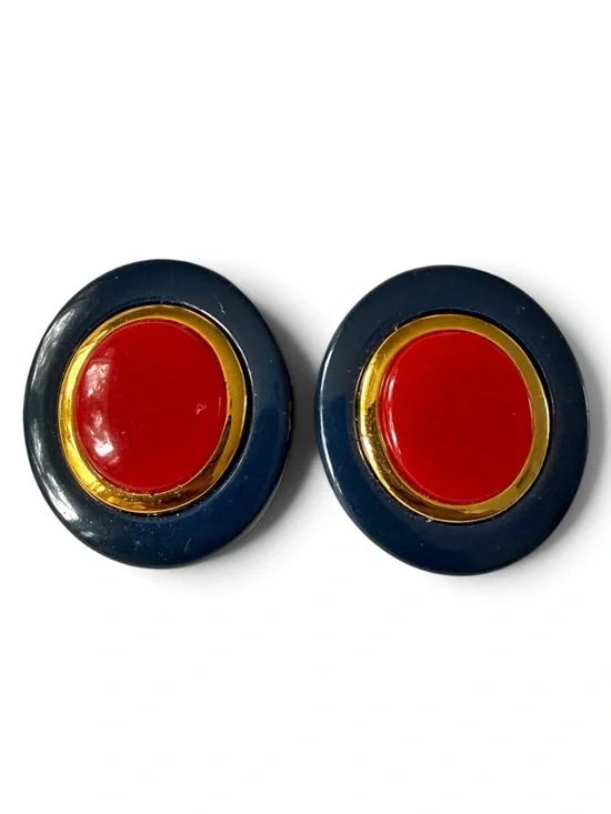 Vintage Cato Button‑Style Oval Clip‑On Earrings – Navy, Gold & Red