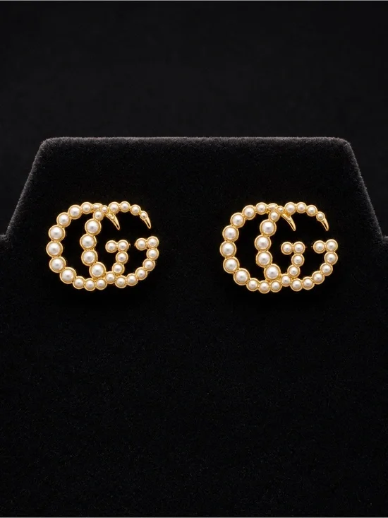 Gucci Gold Double G Stud Earrings with Pearls