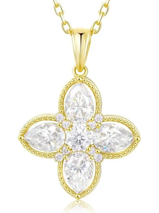 Dainty Moissanite Four-Leaf Clover Necklace | 925 Sterling Silver & Gold