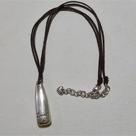 Brighton Loved Heart Silver Gold Tone Bullet Pendant Brown Cord‎ Necklace