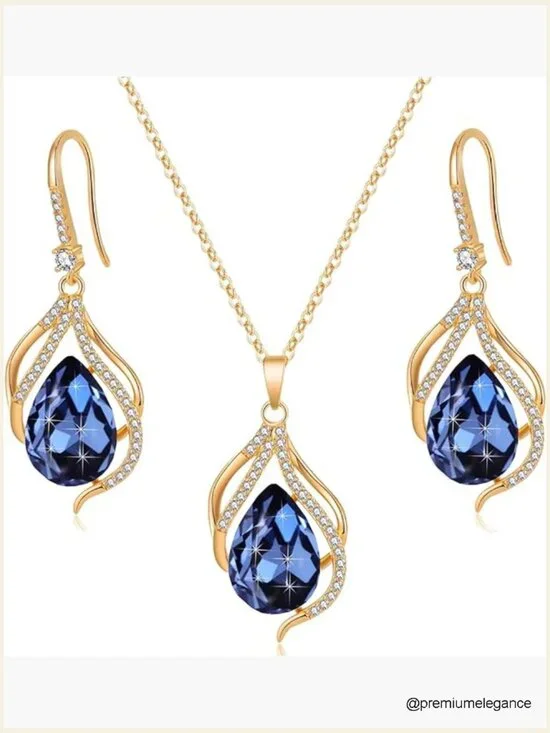 Austrian Crystal Teardrop Pendant Necklace and Drop Earrings Set 14K Gold Plated