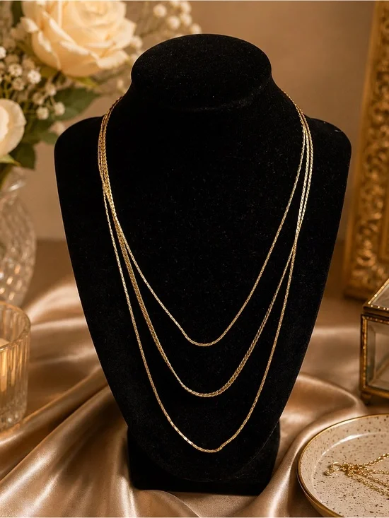 Vintage Monet Triple Strand Chain Necklace Gold Tone Layered Elegant