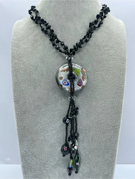 Black Crystal Glass Beaded Blown Glass Medallion Tassel Statement Necklace