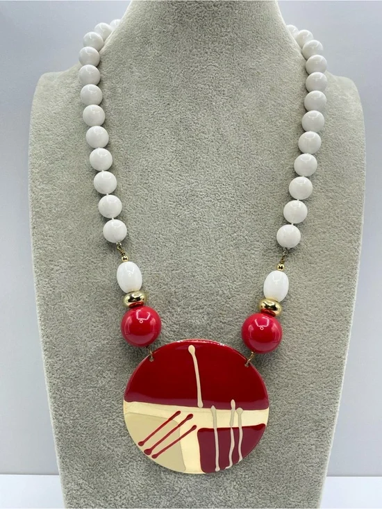 Red White Acrylic Beaded Statement Necklace Gold Tone Abstract Medallion