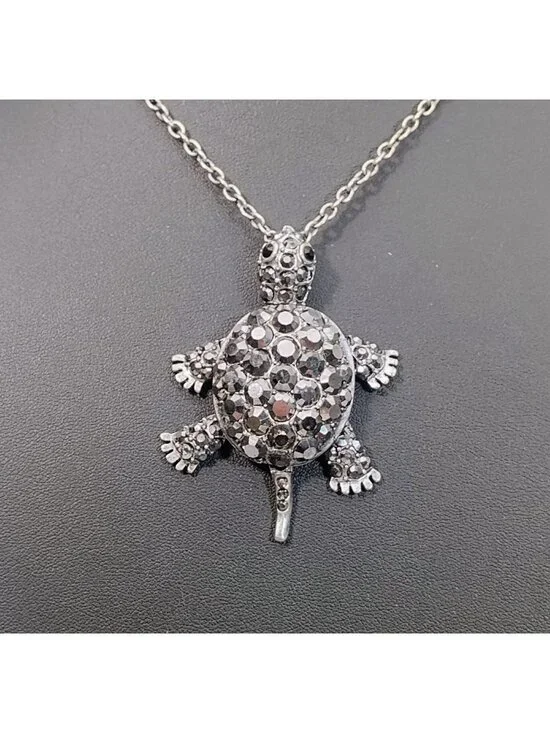 Articulated Moving Head Legs Tail Turtle Pendant Necklace Marcasite Silver Tone