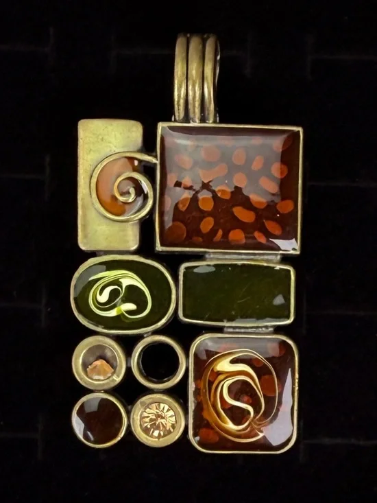 Vintage 3” rectangle brasstone magnetic pendant +16” cord necklace