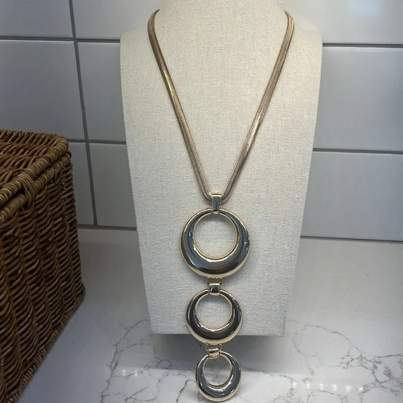 Designer Jules B Modernist Multi Circular 3 Hoop Pendant on a Long Snake Chain