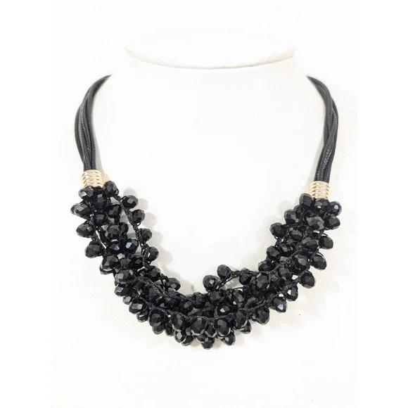 Black Faceted Glass Bead Statement‎ Necklace Multi Cord Modern 21 in