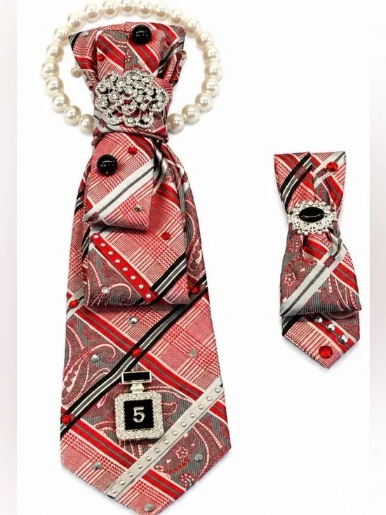 Embellished Statement Tie Necklace Set Red Rhinestone Pearl Wearable Art