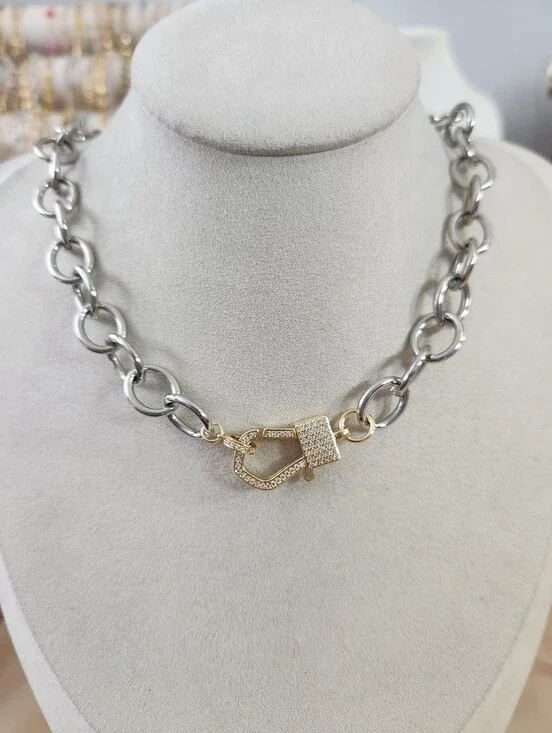 Two Tone Chunky Iced Clasp Necklace