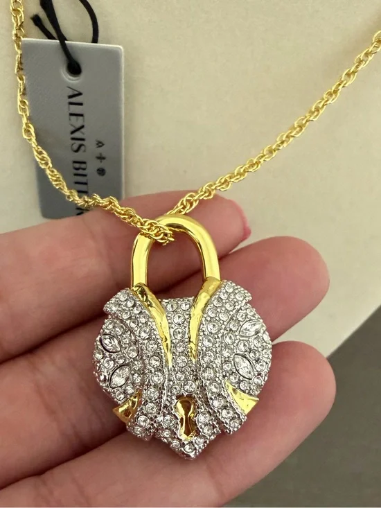 NWT Alexis Bittar Crystal Heart Pavé Padlock Pendant Necklace Gold Tone Chain