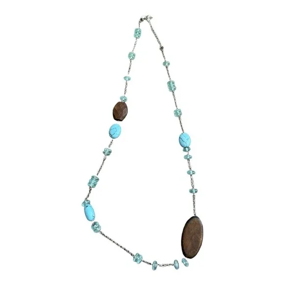Lia Sophia Wood and Turquoise Glass Bead Necklace Blue 20mm 34 inch
