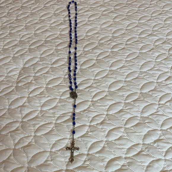 INRI Blue Beaded Rosary Necklace with Silver Accents
