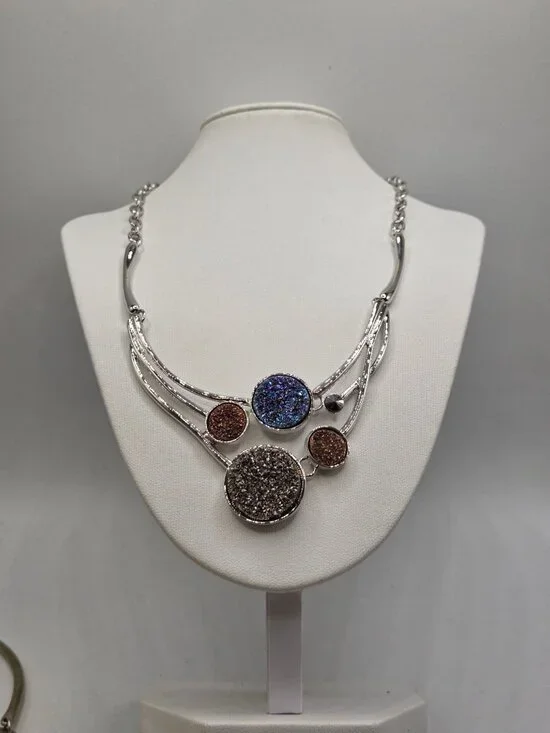 Multi-Stone Druzy Style Silver Tone Statement Necklace With Adjustable Chain